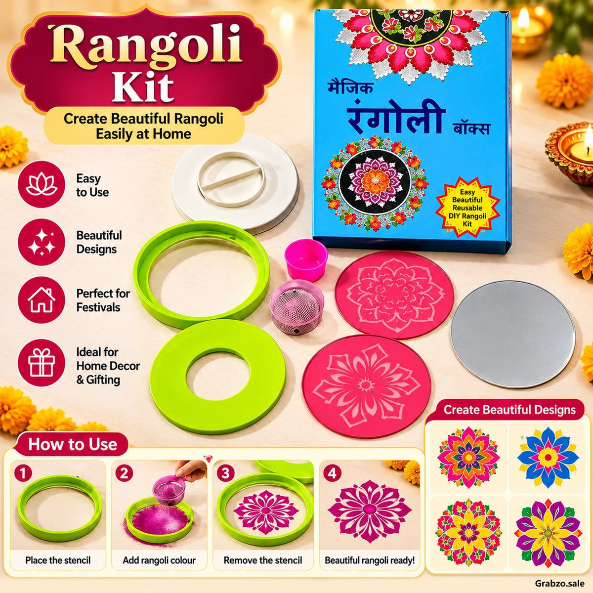 Magic Rangoli Making Kit – Reusable DIY Stencil Box